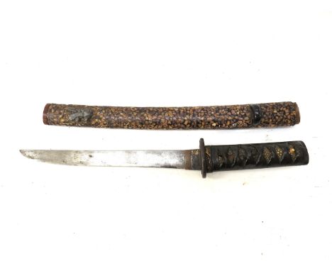 A Japanese shortened sword with kozuka, composite scabbard (saya), the blade measuring 26cm, total length 40cm, scabbard 38cm