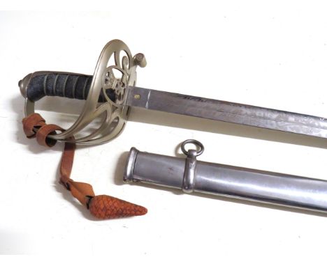 A Victorian 1827 pattern rifle officer's sword, the pierced steel basket hilt with strung bugle emblem, joining a blade by J,