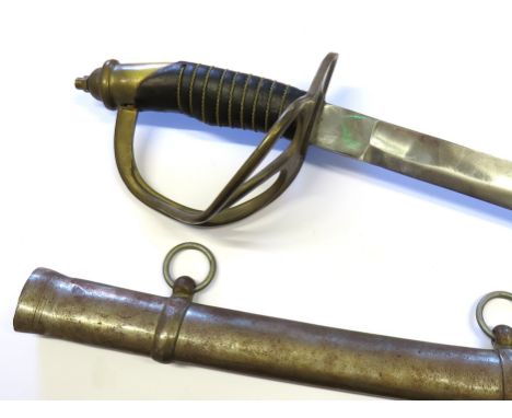 A sabre in the US civil war style, brass swept hilt and steel scabbard