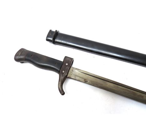 A French model 92 bayonet with curved quillon, Bakelite grips, with curved quillon, Bakelite grips, with steel scabbard 