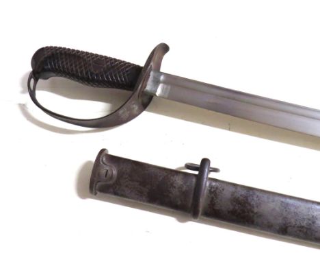 A Japanese Army officer's sword, the hilt with D-shaped knuckle-bow joining a crosshatch wooden and steel grip, inverted bask