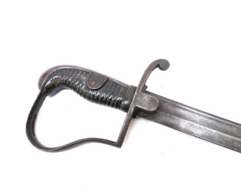 A Prussian 1873 pattern artillery sabre, curved blade (shortened) with stirrup hilt and ribbed leather grip, trimmed langets,