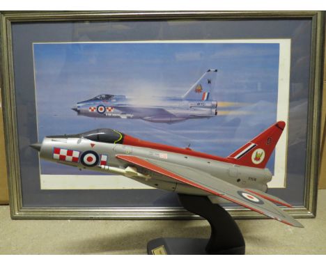 A Delta Models English Electric Lightning model on display stand, together with a print of a Lightning entitled "Firebird" (2