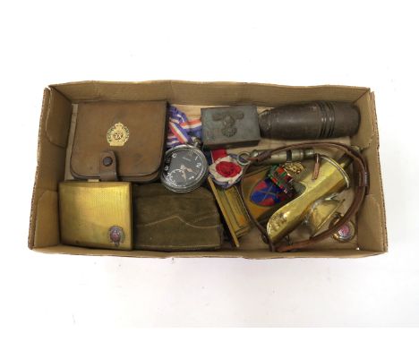 A box of mixed militaria collectibles including military pocket watch, trench art coal scuttle and cigarette case etc