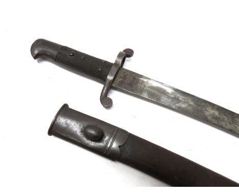 A Martini Henry sword bayonet, unmarked, with steel mounted leather scabbard