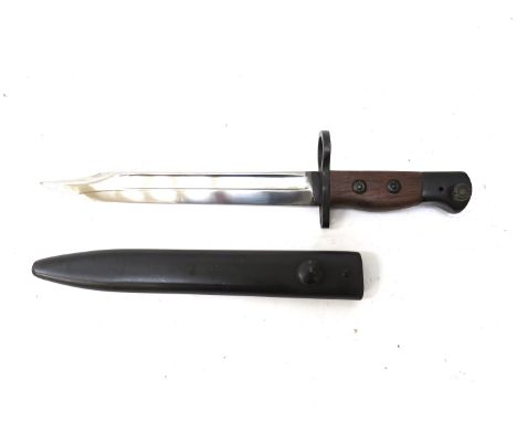 A British No.5 Jungle Carbine knife bayonet with steel scabbard, stamped ASC