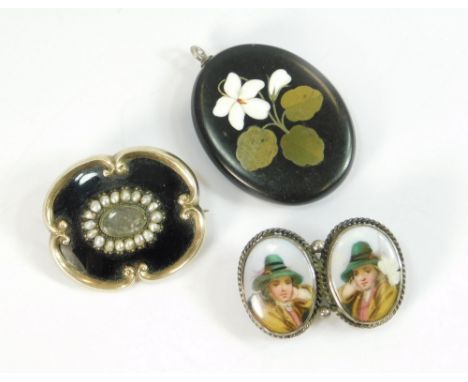 PIETRA DURA ETC. A Pietra Dura pendant drop, length 3.7cm. Also, a 19th century mourning brooch (centre glass chipped) & a ce