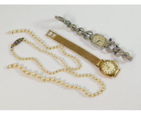 MARCASITE ETC. A vintage silver & marcasite cocktail watch, a damaged Tissot watch & a cultured pearl necklace with diamond s