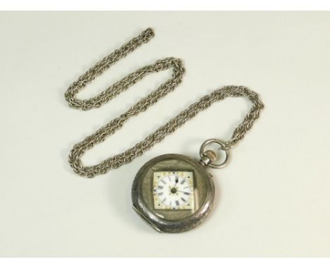 WATCH & CHAIN. A Continental silver fob watch, with enamelled dial, hung on a modern silver chain.  All watches in this aucti