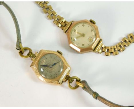WRISTWATCHES. A lady's early 20th century, 9ct. gold cased wristwatch with steel dial & replacement strap. Also, an octagonal