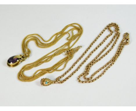 PENDANTS & CHAINS. A Victorian style pendant drop on gold plated watch chain & one other drop on a gold plated watch chain.  