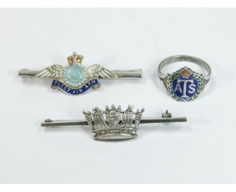 SWEETHEART JEWELLERY. A Royal Navy silver sweetheart brooch, a WWII ATS sterling silver & enamel ring & a white metal & ename
