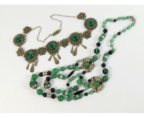 COSTUME JEWELLERY. An Art Deco, green & black glass, black enamel & faux pearl necklace. Also, a 900 standard silver necklace