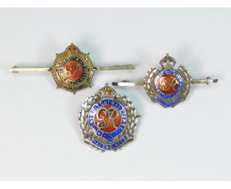 SWEETHEART PINS. A sterling silver & enamelled WWII Royal Engineers sweetheart brooch, a similar silver & enamelled bar brooc