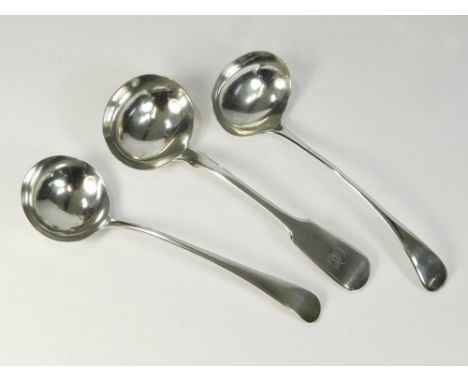SAUCE LADLES. A George II fiddle pattern sauce ladle by J.H. & C. Lias. London 1756. Also, a George III OE pattern sauce ladl