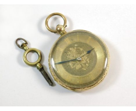 GOLD WATCH. An 18k. gold cased fob watch with engraved gilt dial. With watch key. Diameter 3.5cm.  All watches in this auctio