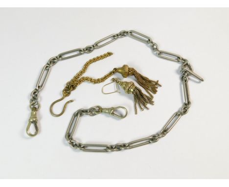 WATCH CHAINS ETC. A nickel watch chain with two clips, a lady's gilt metal watch chain with tassel & a single earring.  Pleas