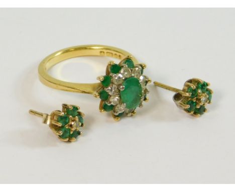 EMERALD RING. An 18ct. gold emerald & diamond cluster ring. Size K/L. Approx. 4.5g. Also a pair of 9ct. gold, emerald & diamo