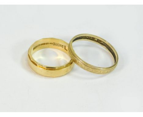 GOLD RINGS. An 18ct. gold band. Size K/L. Approx. 4.9g. Also, a 9ct. gold band. Size Q/R (approx. 1.4g).  Please note that al