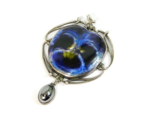 NEWLYN ENAMEL. A large Newlyn silver & enamel pendant, the centre enamelled in lilac, purple & gold as a pansy, stamped Newly