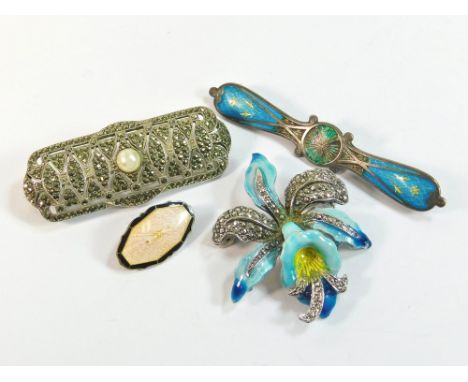 MARCASITE ETC. A continental marcasite & pearlised brooch & a marcasite & enamelled orchid brooch. Also, two enamelled silver