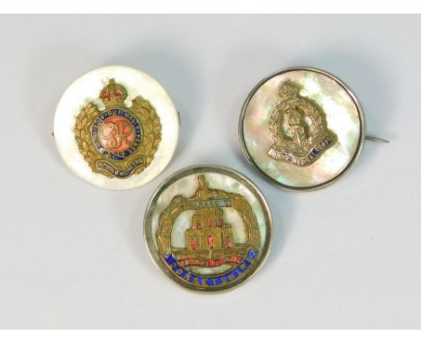 SWEETHEART PINS. Three mother of pearl sweetheart pins: a WWII Royal Engineers base metal & enamel pin; a WWI Dorsetshire Reg
