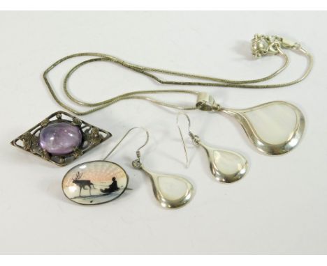 SILVER JEWELLERY. A modern silver & mother of pearl pendant with matching earrings. Also, a silver & amethyst brooch, probabl
