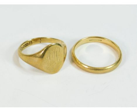 GOLD RINGS. A gentleman's 9ct. gold signet ring, Size O & a 9ct. gold wedding band, Size R. Approx. 6.8g.  Please note that a