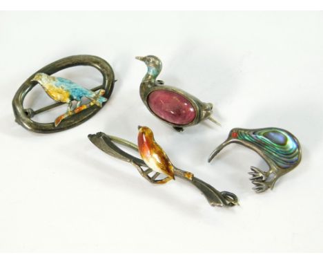 BIRD PINS. A silver & enamel robin bar brooch & three other bird brooches. Robin width 3.5cm.  Please note that all items in 