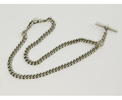 WATCH CHAIN. A silver curb link watch chain with 'T' bar & two clips. Approx. 47.6g. (1.53 t.oz.)  Please note that all items