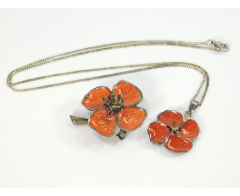SILVER & ENAMEL. A modern silver & enamel poppy brooch & similar pendant on silver chain. Brooch width 3cm.  Please note that