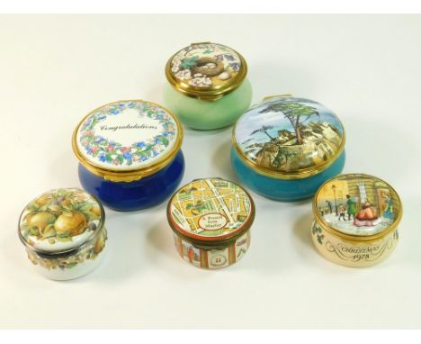 HALCYON DAYS ETC. Two Halcyon Days enamel boxes: Christmas 1978 & Mayfair. Also, four other enamelled boxes by various makers