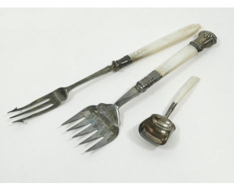 CADDY SPOON ETC. A late George III silver & mother of pearl caddy spoon, a silver pickle fork & an EPNS fish fork, each with 