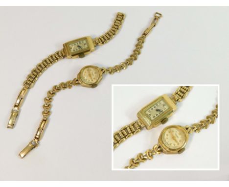 GOLD WATCHES. A lady's Art Deco, 9ct. gold cased wristwatch with rectangular dial, on later 9ct. gold strap. Also a lady's 19