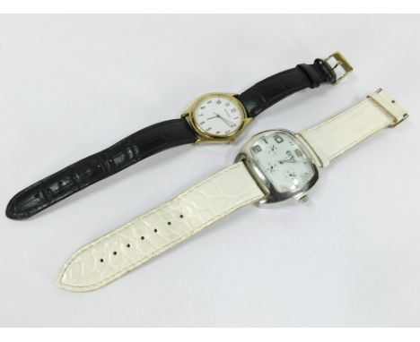VINTAGE WATCHES. An Elite chromium cased wristwatch with Japanese movement & three subsidiary dials Width 4.5cm. Also a gilt 