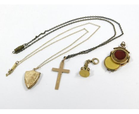 GOLD LOCKET ETC. A 9ct. gold shield shape locket on rolled gold chain, & a 9ct. gold cross on base metal chain. Also, two wat