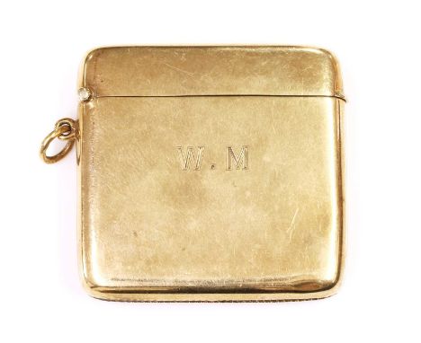 A 9ct gold cushion shaped vesta case, by Horace Woodward &amp; Co. Ltd., with hand engraved initials to the front 'W.M. Birmi