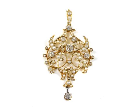 A late Victorian diamond and split pearl cartouche shaped brooch/pendant, c.1890,an old European cut diamond, claw set to the