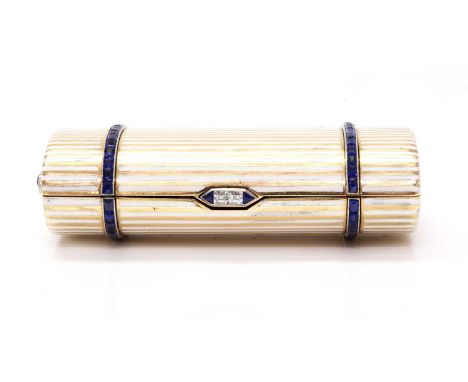 A gold sapphire, diamond and enamel cigarette case,of hinged, oval rectangular form. Pin stripe white champlevé enamel decora