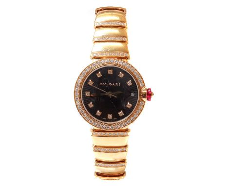 A ladies' 18ct rose gold Bulgari 'Lucea' diamond set automatic bracelet watch, reference 102191. A 33mm case with a black gui