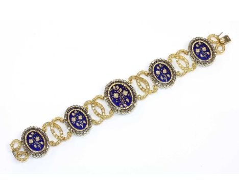 A two colour gold diamond and enamel plaque bracelet,with a series of graduated diamond set floral plaques in an early 19th c