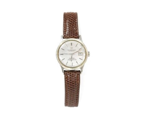 A ladies' stainless steel Omega 'Constellation' automatic strap watch, model no. 568.016. 25mm diameter with a silvered dial,