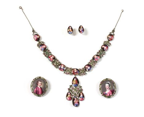 An 18th century enamel portrait miniature necklace, earrings and pair of clasps, cased suite,the necklace with a series of ha