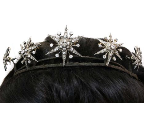 A Victorian diamond set, five star tiara, c.1870-1880,together with a Victorian diamond set star brooch/pendant, and a collec