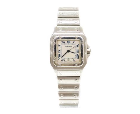 A mid-size stainless steel Cartier 'Santos' quartz bracelet watch,with a 29mm cushion shaped case. A silvered dial with blue 