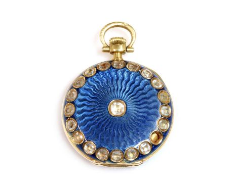 A cased 18ct gold gem set and guilloché enamel fob watch,29mm diameter. A silvered engine turned circular waves dial with gol