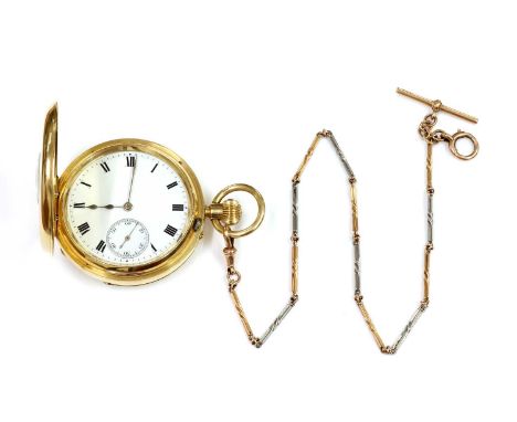 An 18ct gold side wide half hunter pocket watch,54mm diameter. Blue champlevé enamel Roman numerals and chapter ring to the f