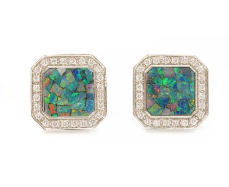 A pair of 18ct white gold opal mosaic and diamond cufflinks,with a black opal mosaic set to the centre of the square cut corn