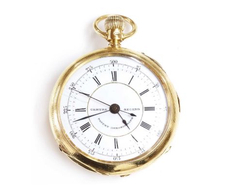 An 18ct gold top wind pin set open-faced chronograph pocket watch,52mm diameter. A white enamel dial with black Roman numeral