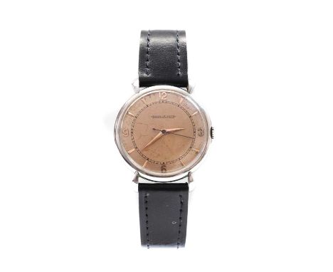 A gentlemen's stainless steel Jaeger-LeCoultre mechanical strap watch, 32mm diameter, with a rose dial, raised Arabic numeral